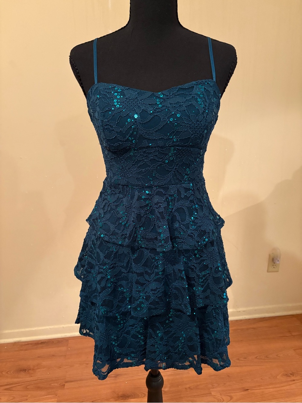 Teal Lace Tiered Spaghetti Strap Mini Dress